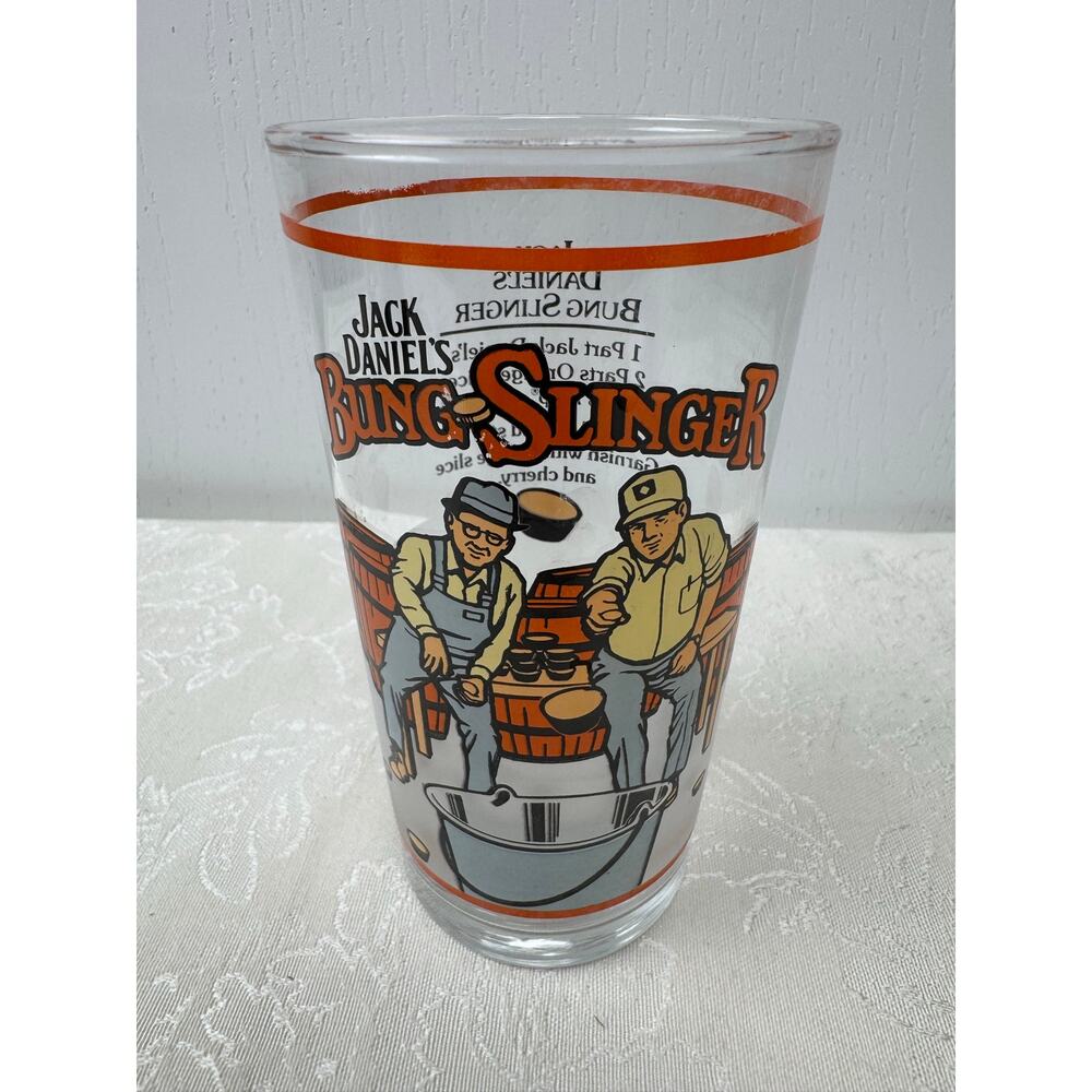 Jack Daniels Vintage Cartoon Bung Slinger 12 oz Tumbler Orange Rim Glass